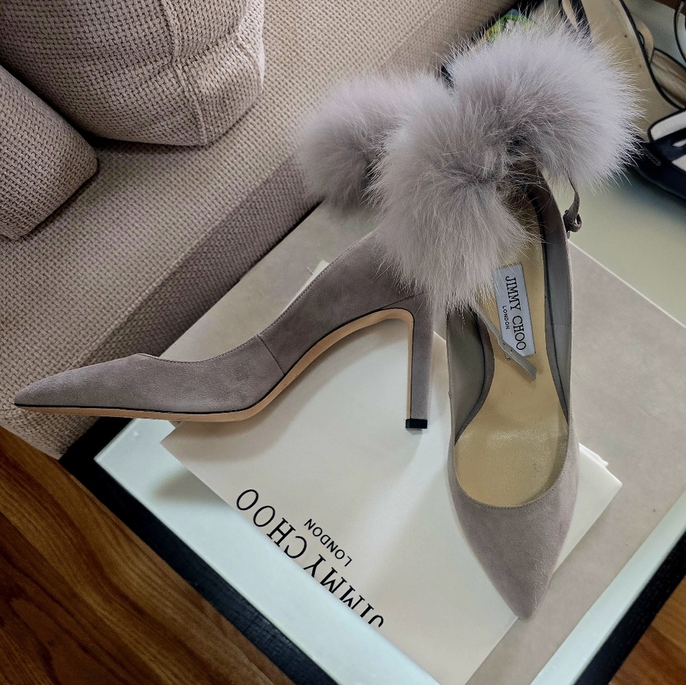 Jimmy Choo Grey Suede Pointed-Toe Pumps with Fur Trim 9